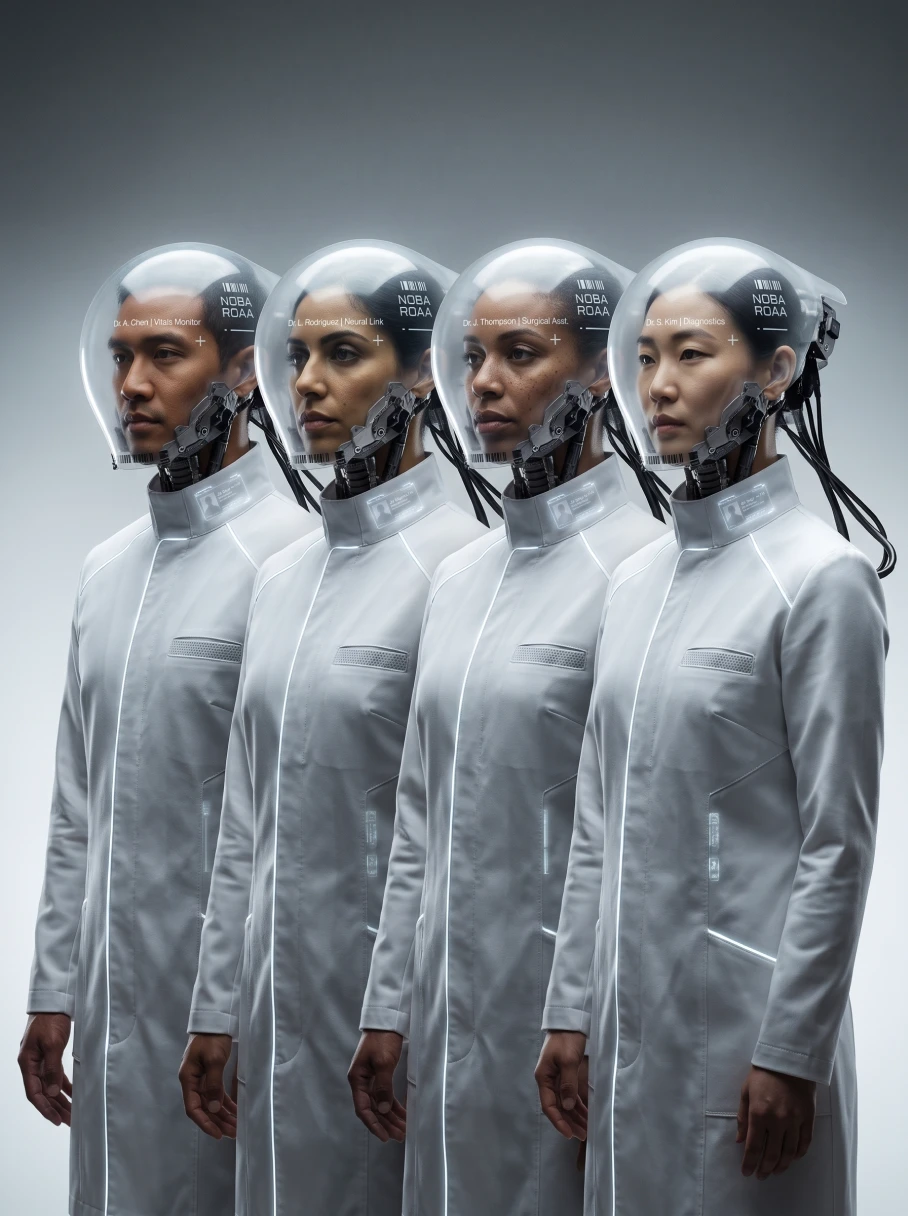 Quatro médicos de jalecos brancos com capacetes futuristas transparentes em fila